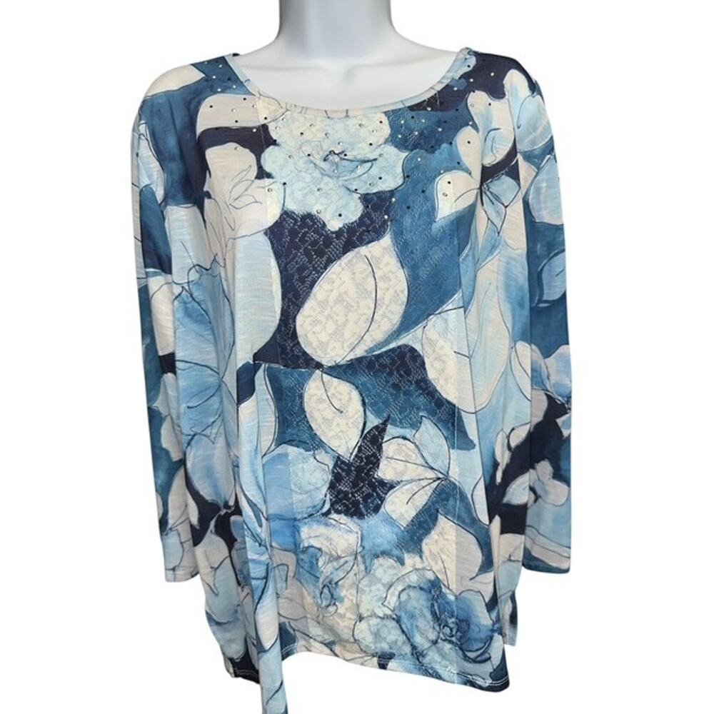 Alfred Dunner 3X Top Sky Blue Navy Elegant Floral Lace Beaded Woven 3/4 Sleeves